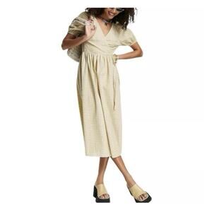 TOP SHOP Seersucker Plaid Puff Sleeve Midi Wrap Dress Yellow & Lilac Size 6